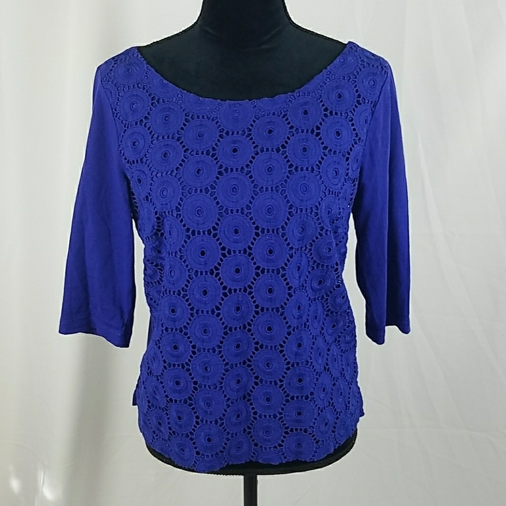 J. Crew Factory women S royal blue eyelet top 3/4 sleeve back keyhole minimalist